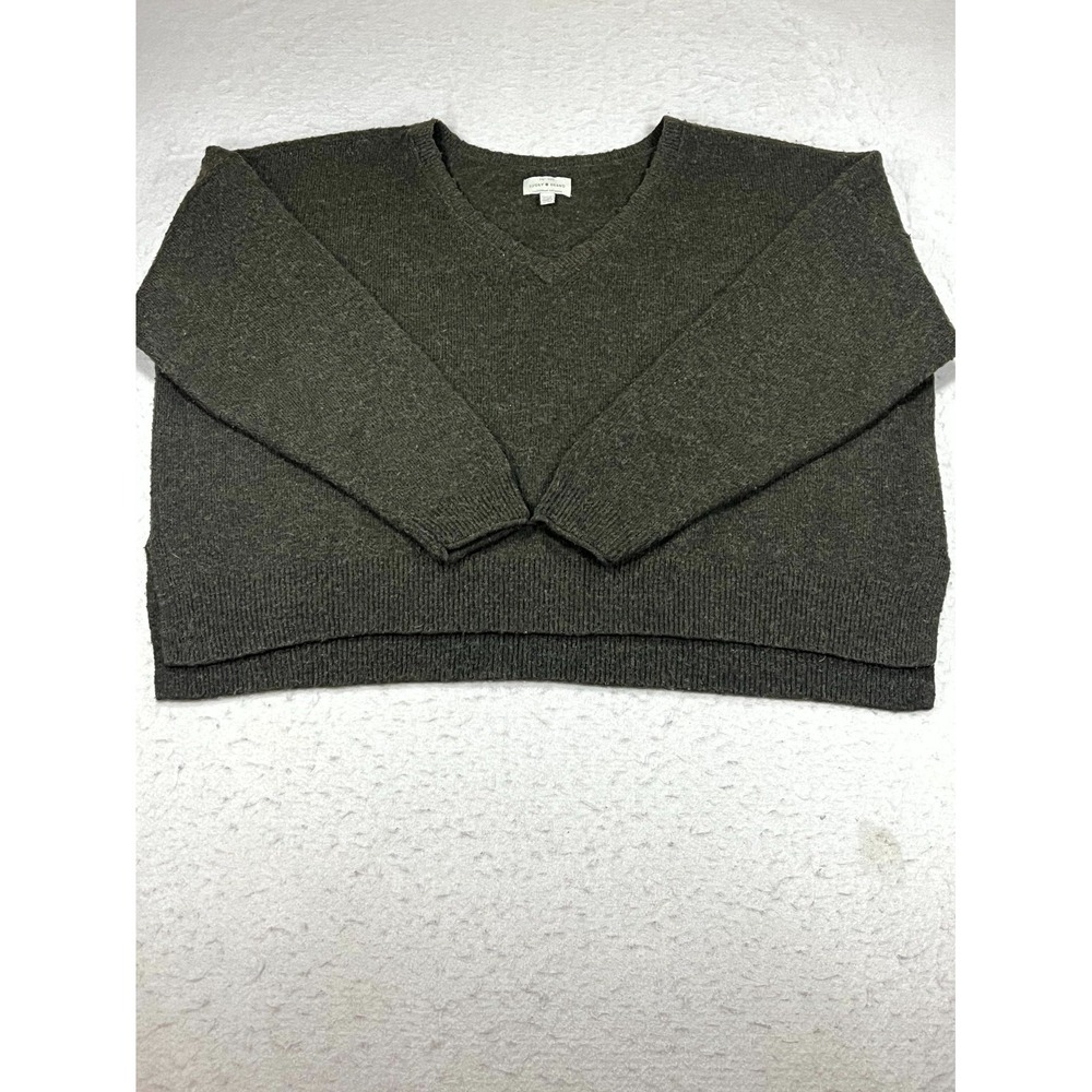 Lucky Brand Cropped Sweater Women XL Olive Green Tight Knit Ribbed V Neck Winter